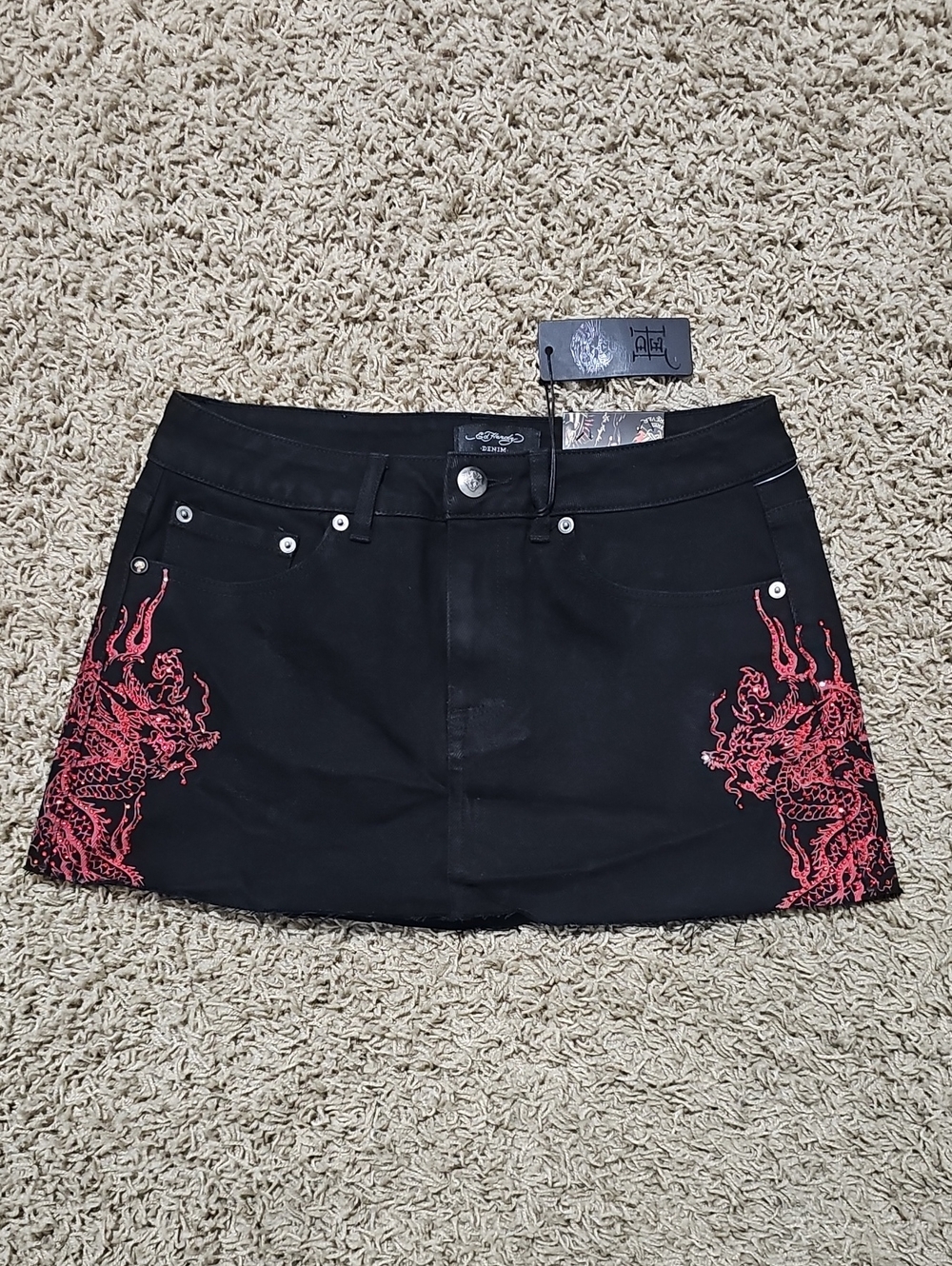 NWT Ed Hardy Mini Skirt Rhinestone Dragons Black Denim Cutoff Y2K 26 Jean Skirt